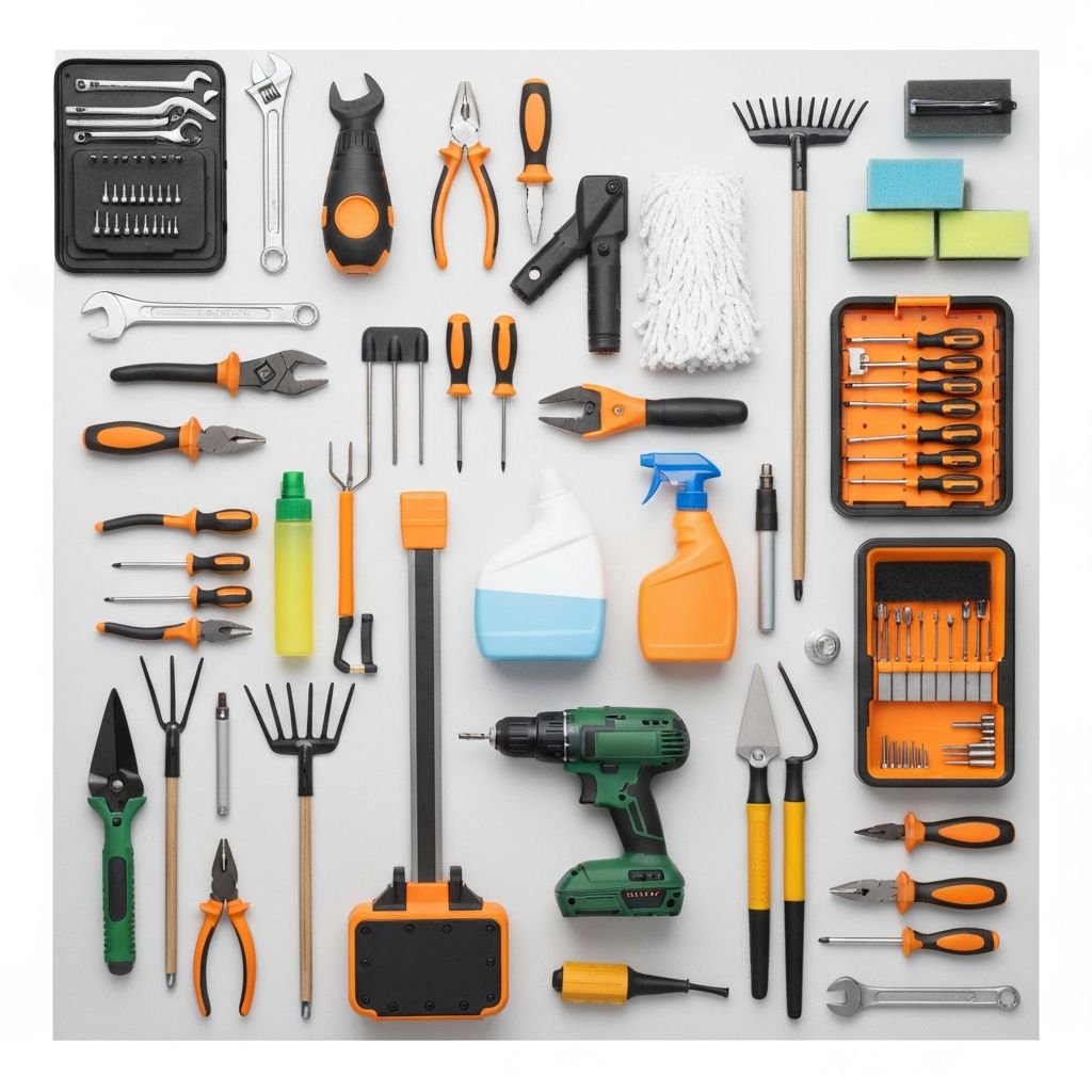Professional property maintenance tools and equipment laid out ready for work